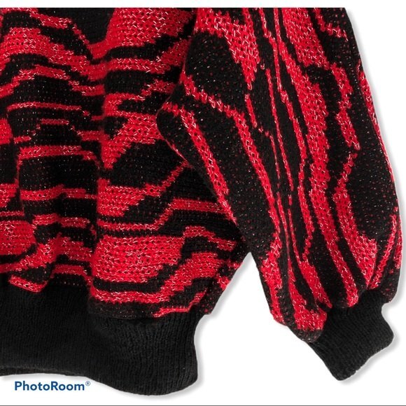 Vintage Batwing Sweater Womens Medium Black Red Metallic Geometric Dolman 80s 90 - Picture 3 of 8